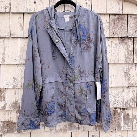 Chico's Blue Utility Hooded Blossom Lightweights Jacket - Picture 1 of 7